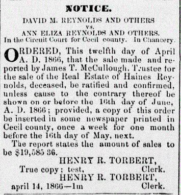 Newspaper Article-Estate Sale  Cecil Whig 4/14/1866