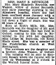 Mary Elizabeth Wasson Reynolds-Obit (obit. says husband is James Reynolds, this is not so. Her husband is Samuel T. Reynolds and her father's name is James. Just a misprint.)
