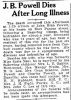Obit. for John Bibb Powell provided by Carter Powell from The Bee newspaper dated 1/30/1924