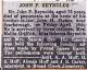 Obit. for John P. Reynolds (provided by Debbie Reynolds from the Aegis Newspaper dated 4/23/1919)