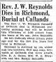 Obituary of James Walter Reynolds
