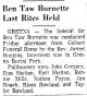 Funeral article for Ben T. Burnett from the Danville Register dated 3/3/1962 provided by Carter Powell