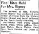 Funeral for Victoria Eanes Rigney from The Bee dated 7/20/1955