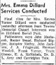 Newspaper announcement for the funeral of Emma Dillard from The Bee dated 9/20/1961 provided by Carter Powell