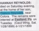 Death Certificate-Obit for Hannah Iva Reynolds (provided by Debbie Reynolds)