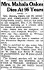 Obit. for Lavinia Mahala Oakes from The Bee dated 4/3/1928 provided by Carter Powell