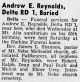 Obit. for Andrew Ellsworth Reynolds (provided by Carter Powell) published in the Gazette and Daily News dated July 30, 1956